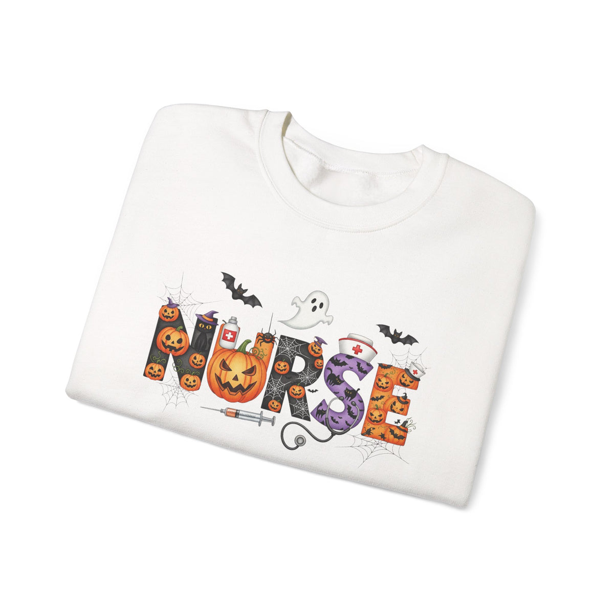 Folded white Halloween Nurse Pumpkin sweatshirt showing the print
