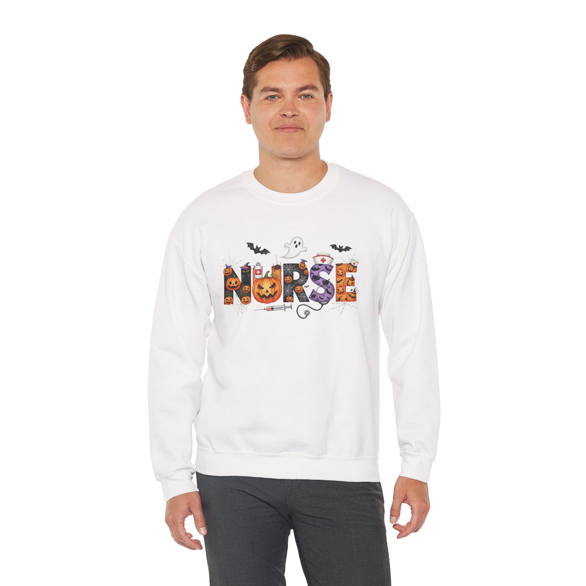 Man wearing the white Halloween Nurse Pumpkin Sweatshirt
