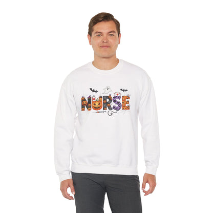 Man wearing the white Halloween Nurse Pumpkin Sweatshirt