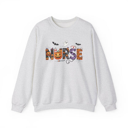 Ash Halloween Nurse Pumpkin sweatshirt with Halloween lettering, jack-o'-lantern and bats