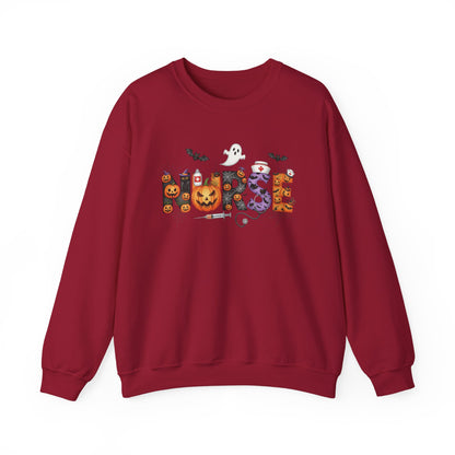 Cardinal Red Halloween Nurse Pumpkin sweatshirt with Halloween lettering, jack-o'-lantern and bats