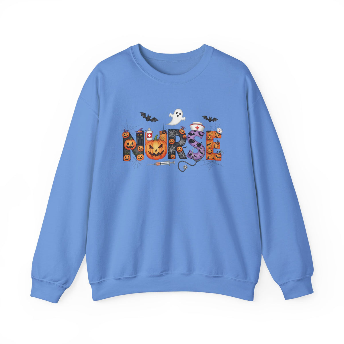 Carolina Blue Halloween Nurse Pumpkin sweatshirt with Halloween lettering, jack-o'-lantern and bats