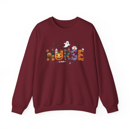 Garnet Halloween Nurse Pumpkin sweatshirt with Halloween lettering, jack-o'-lantern and bats