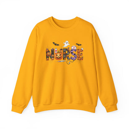 Gold Halloween Nurse Pumpkin sweatshirt with Halloween lettering, jack-o'-lantern and bats