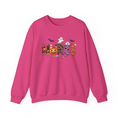 Heliconia Halloween Nurse Pumpkin sweatshirt with Halloween lettering, jack-o'-lantern and bats