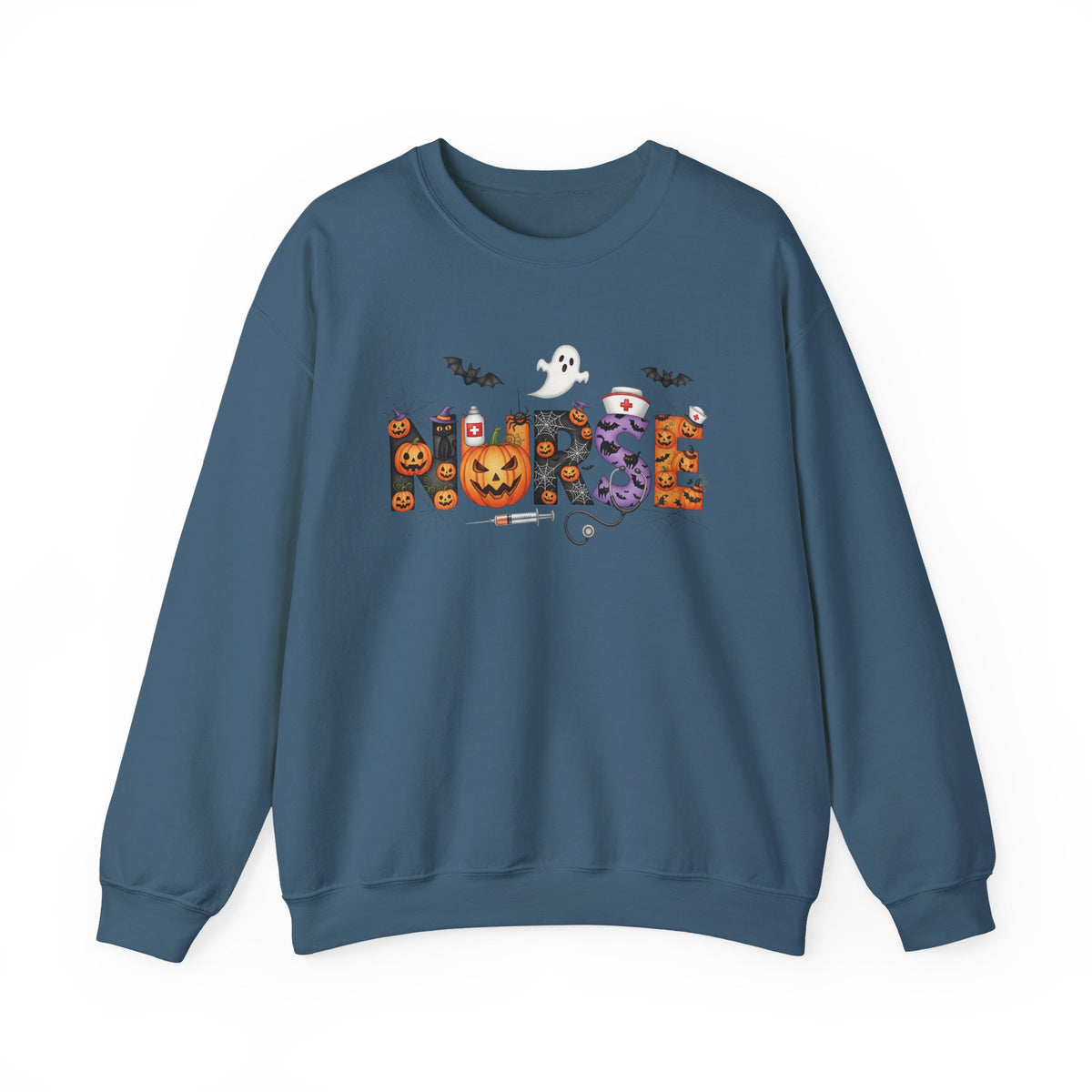 Indigo Blue Halloween Nurse Pumpkin sweatshirt with Halloween lettering, jack-o'-lantern and bats