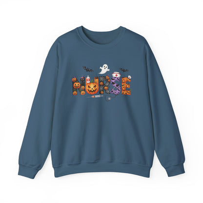 Indigo Blue Halloween Nurse Pumpkin sweatshirt with Halloween lettering, jack-o'-lantern and bats