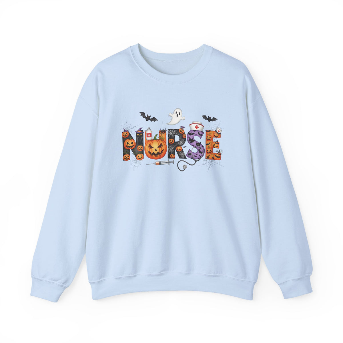Light Blue Halloween Nurse Pumpkin sweatshirt with Halloween lettering, jack-o'-lantern and bats