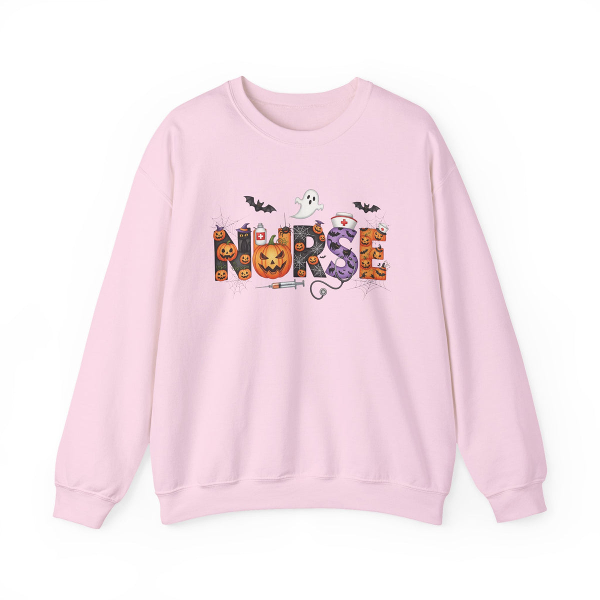 Light Pink Halloween Nurse Pumpkin sweatshirt with Halloween lettering, jack-o'-lantern and bats