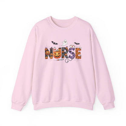 Light Pink Halloween Nurse Pumpkin sweatshirt with Halloween lettering, jack-o'-lantern and bats