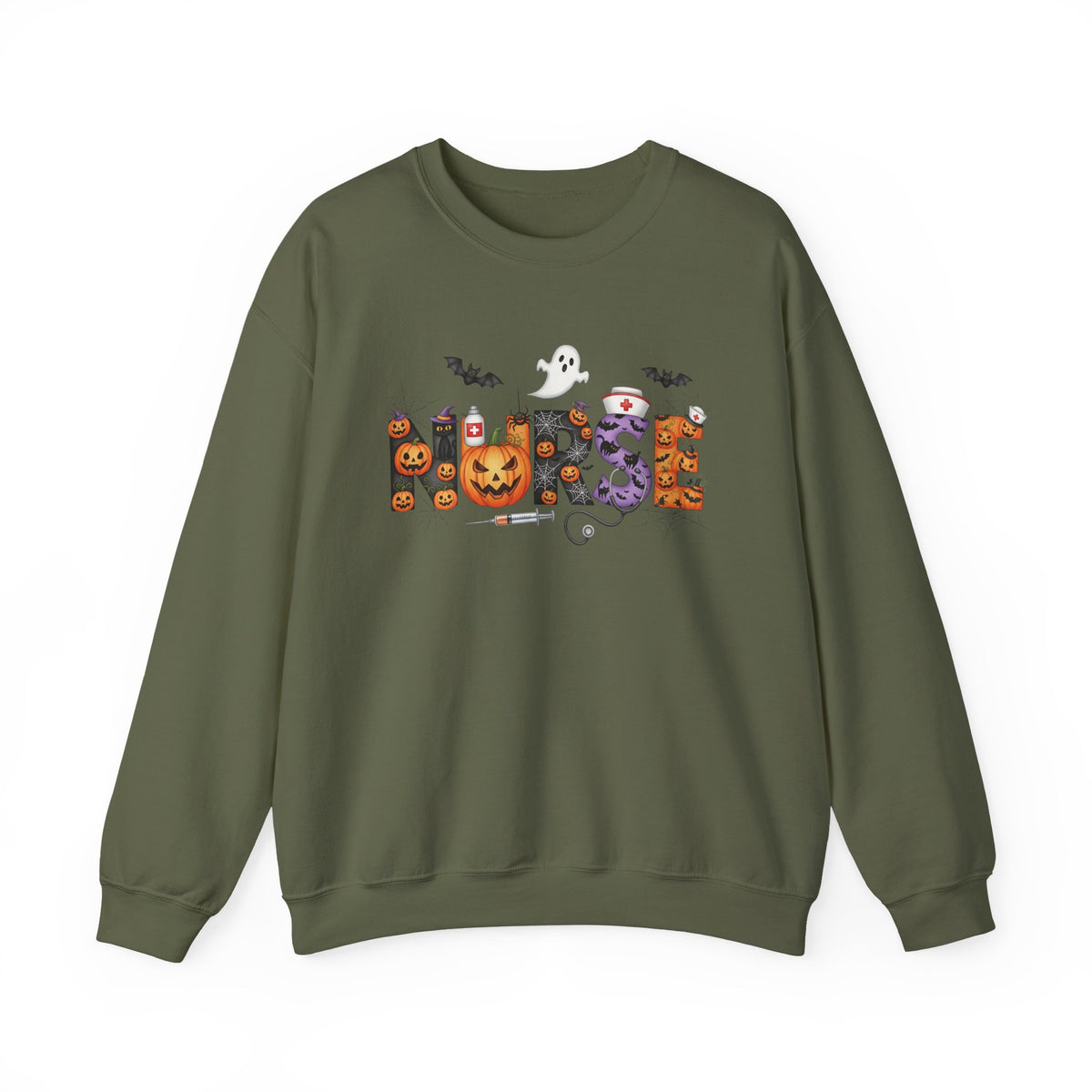 Military Green Halloween Nurse Pumpkin sweatshirt with Halloween lettering, jack-o'-lantern and bats