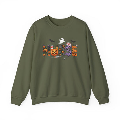 Military Green Halloween Nurse Pumpkin sweatshirt with Halloween lettering, jack-o'-lantern and bats