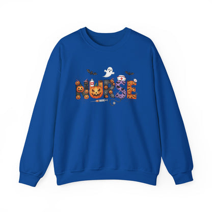 Royal Halloween Nurse Pumpkin sweatshirt with Halloween lettering, jack-o'-lantern and bats