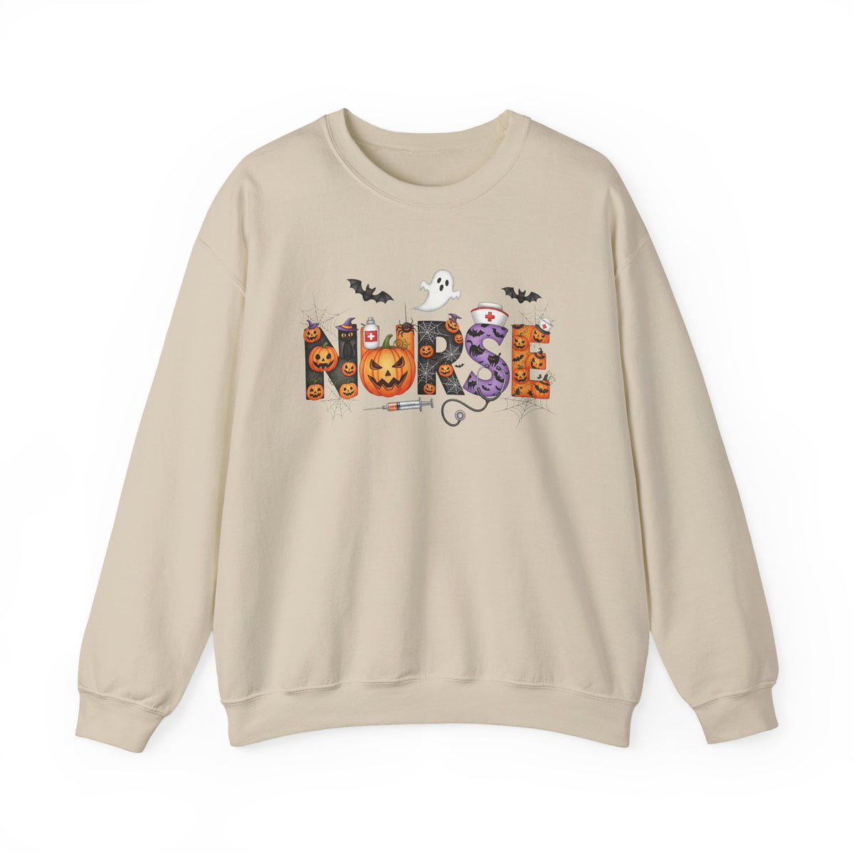 Sand Halloween Nurse Pumpkin sweatshirt with Halloween lettering, jack-o'-lantern and bats