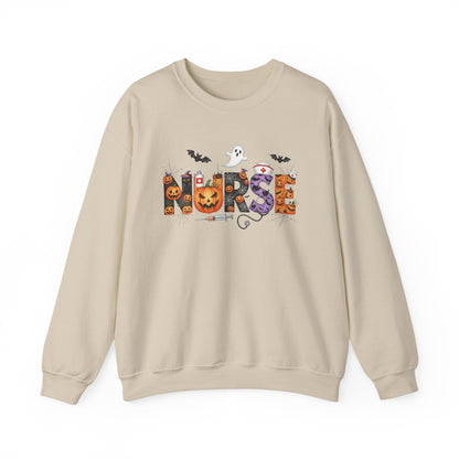 Sand Halloween Nurse Pumpkin sweatshirt with Halloween lettering, jack-o'-lantern and bats