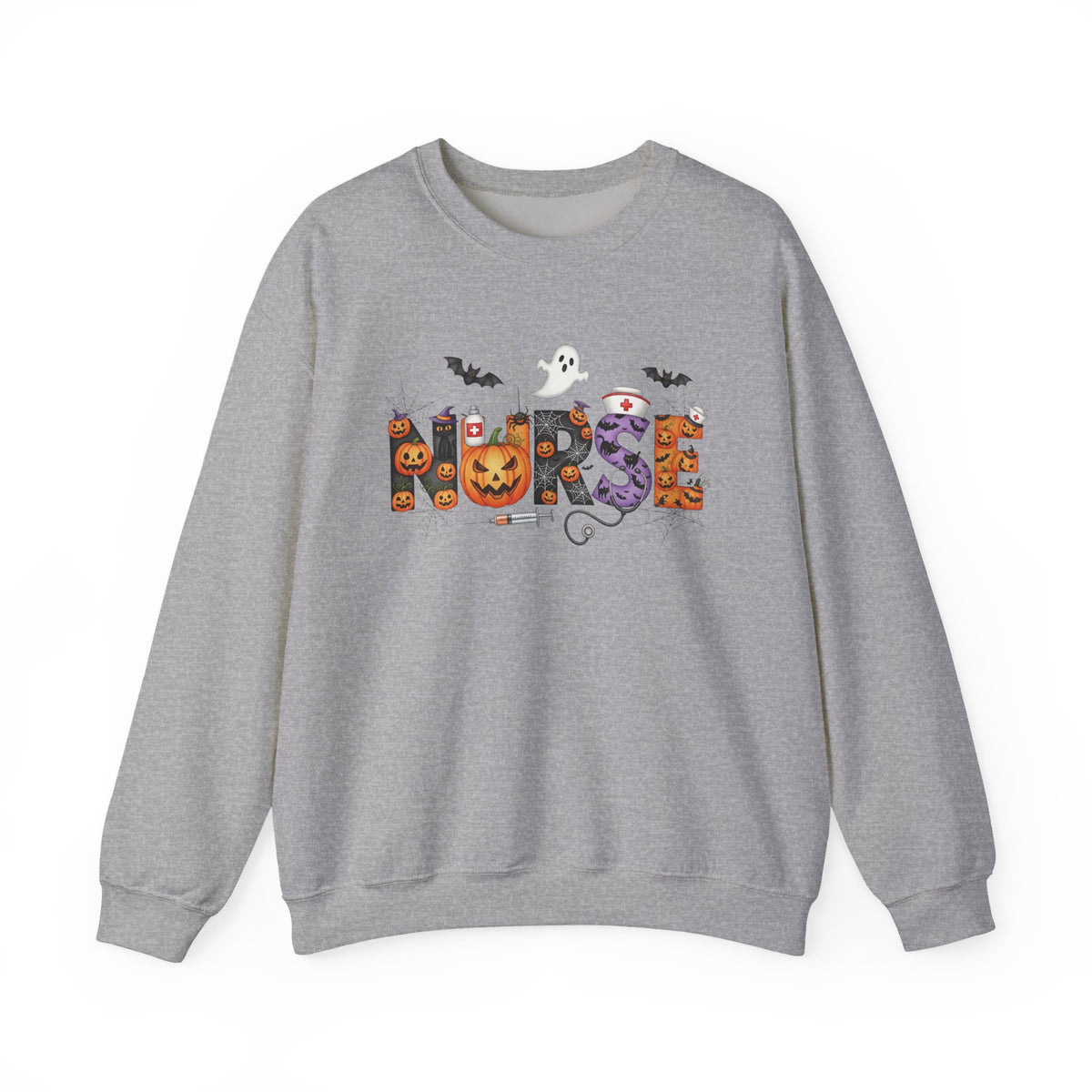 Sport Grey Halloween Nurse Pumpkin sweatshirt with Halloween lettering, jack-o'-lantern and bats