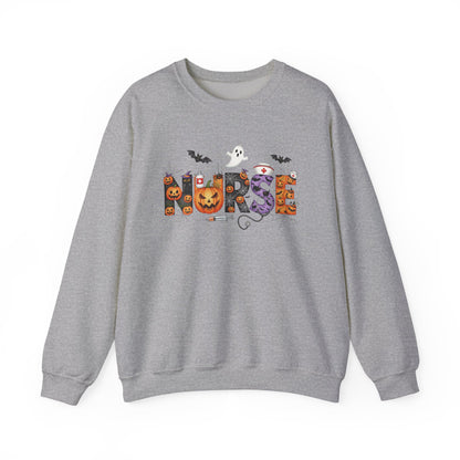 Sport Grey Halloween Nurse Pumpkin sweatshirt with Halloween lettering, jack-o'-lantern and bats