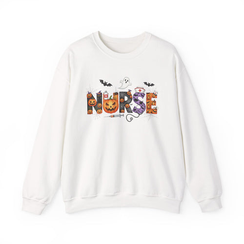 White Halloween Nurse Pumpkin sweatshirt with Halloween lettering, jack-o'-lantern and bats