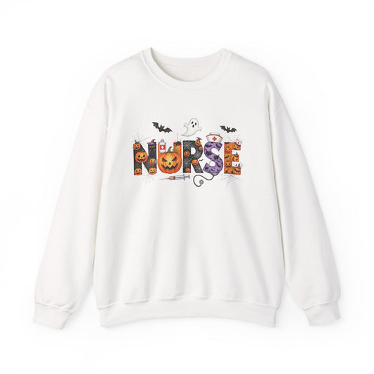 White Halloween Nurse Pumpkin sweatshirt with Halloween lettering, jack-o'-lantern and bats