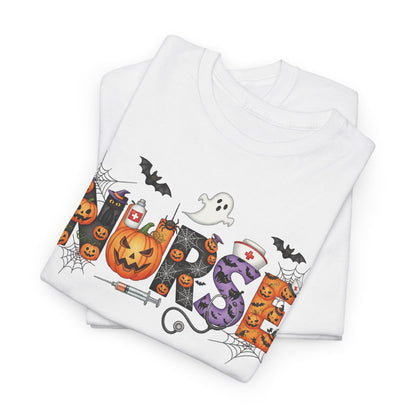 Folded white Halloween Nurse Pumpkin t-shirt showing the print