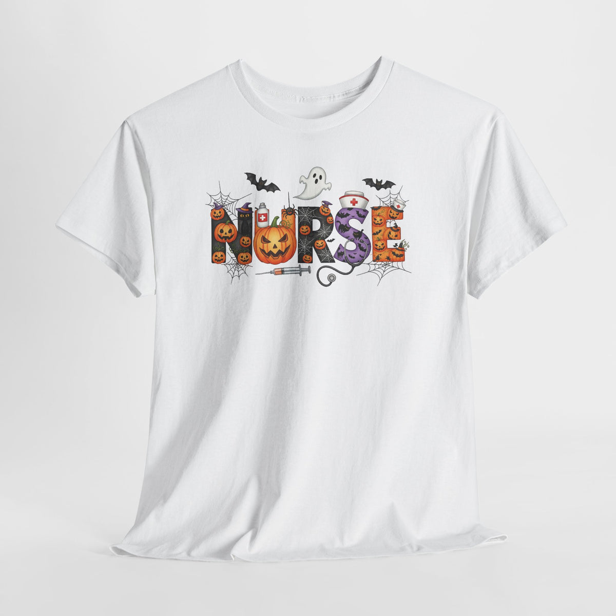 White Halloween Nurse Pumpkin t-shirt hanging, front view