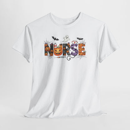 White Halloween Nurse Pumpkin t-shirt hanging, front view