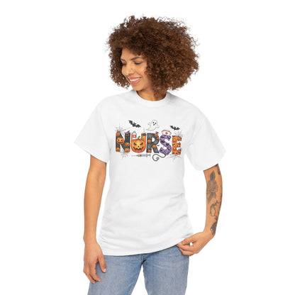 Woman wearing the white Halloween Nurse Pumpkin T-Shirt