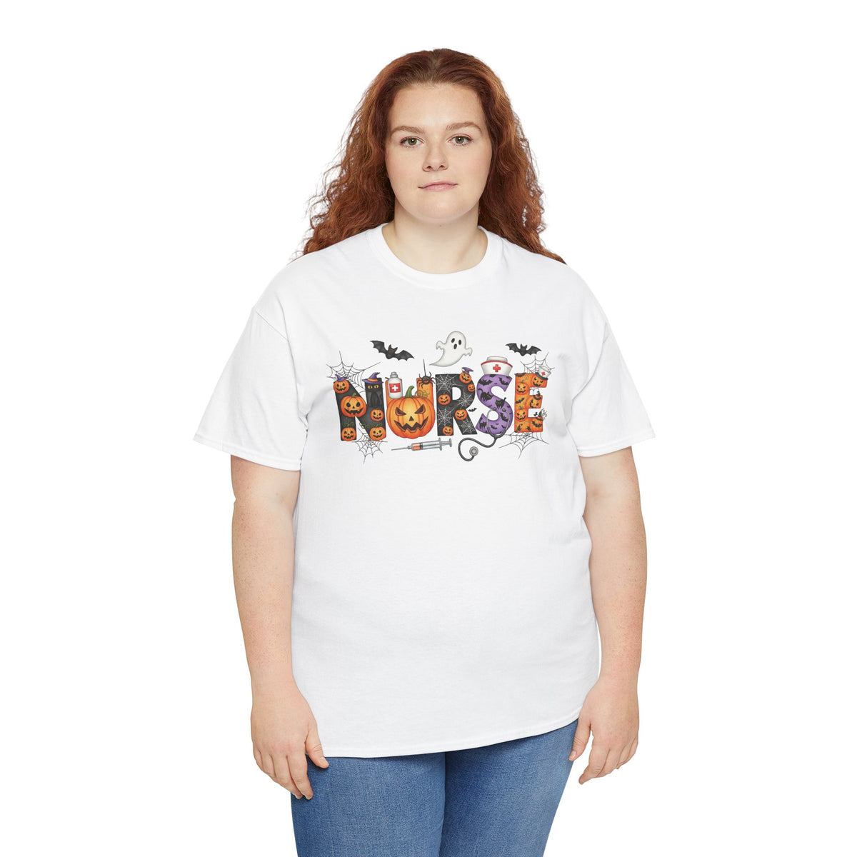 Woman wearing the Halloween Nurse Pumpkin T-Shirt, front view