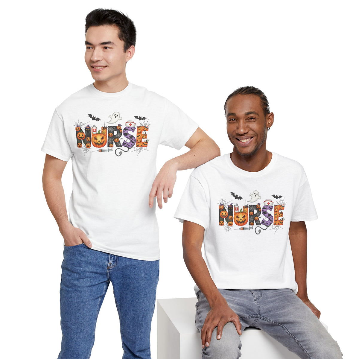 Two men wearing the Halloween Nurse Pumpkin T-Shirt