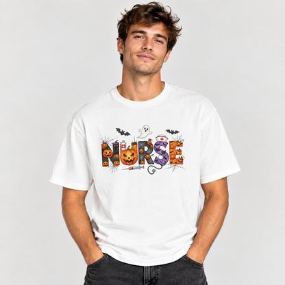 Man wearing the white Halloween Nurse Pumpkin T-Shirt with black jeans