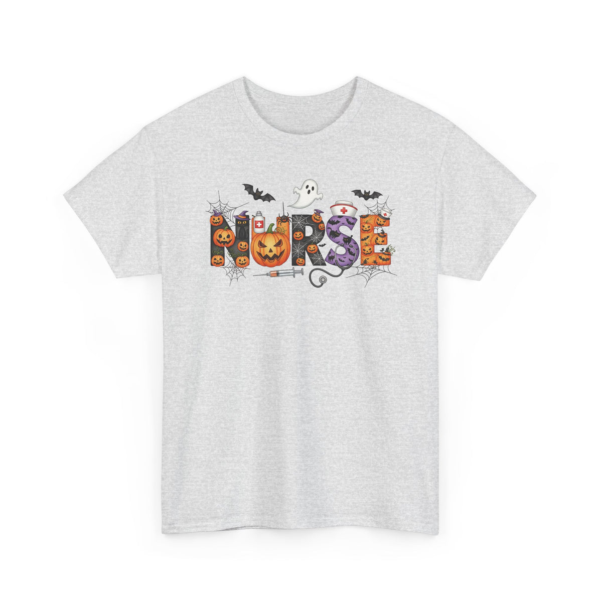 Ash Halloween Nurse Pumpkin t-shirt with Halloween lettering, jack-o'-lantern and bats