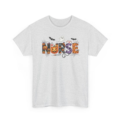 Ash Halloween Nurse Pumpkin t-shirt with Halloween lettering, jack-o'-lantern and bats