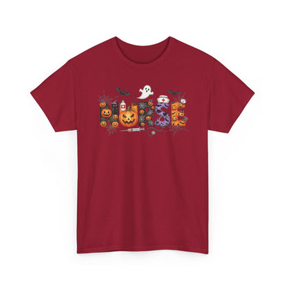 Cardinal Red Halloween Nurse Pumpkin t-shirt with Halloween lettering, jack-o'-lantern and bats