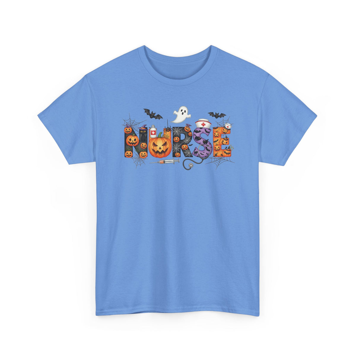 Carolina Blue Halloween Nurse Pumpkin t-shirt with Halloween lettering, jack-o'-lantern and bats