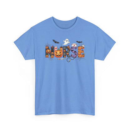Carolina Blue Halloween Nurse Pumpkin t-shirt with Halloween lettering, jack-o'-lantern and bats
