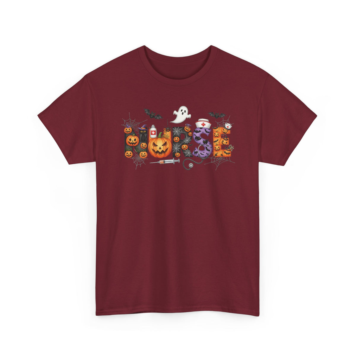 Garnet Halloween Nurse Pumpkin t-shirt with Halloween lettering, jack-o'-lantern and bats