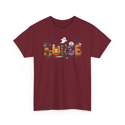 Garnet Halloween Nurse Pumpkin t-shirt with Halloween lettering, jack-o'-lantern and bats