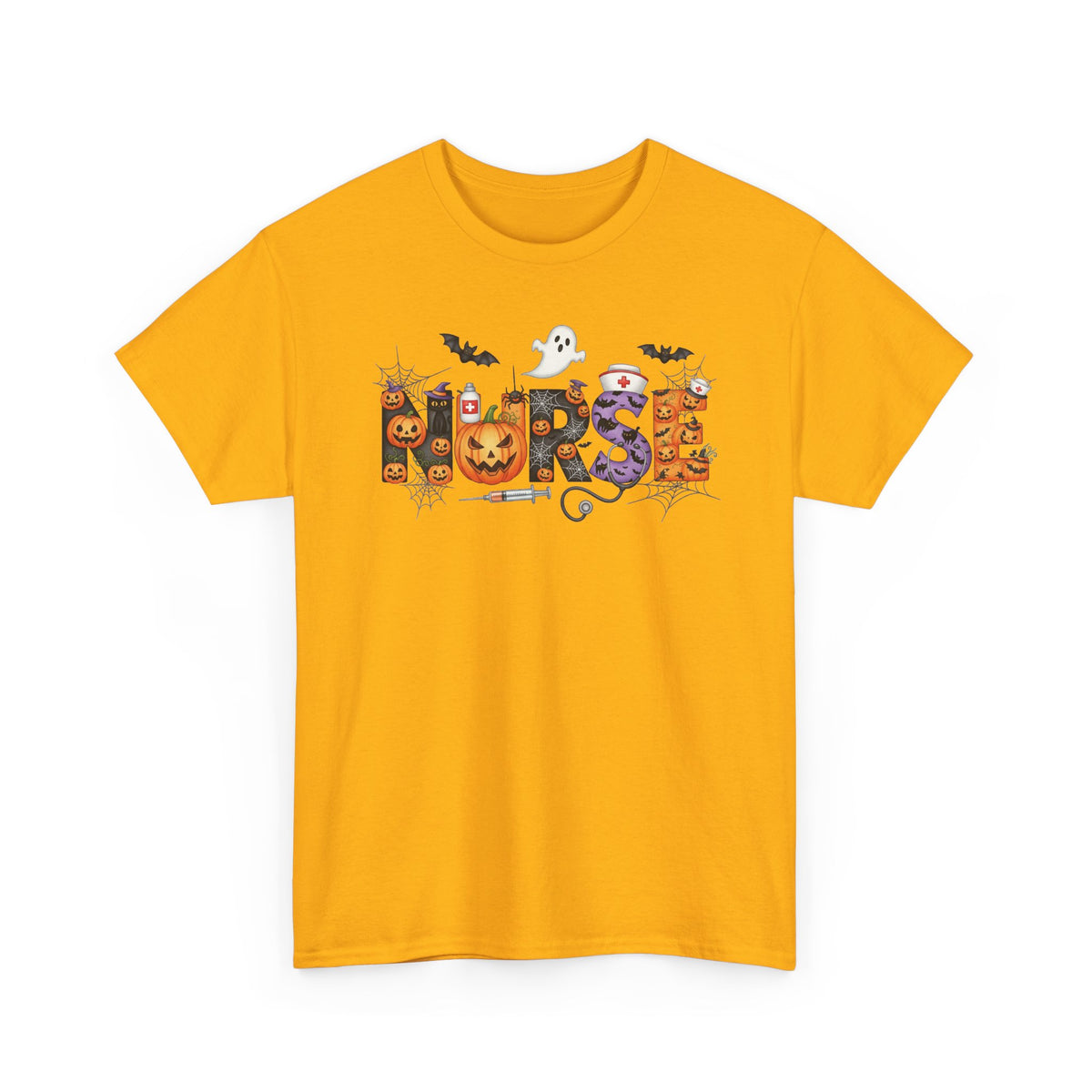 Gold Halloween Nurse Pumpkin t-shirt with Halloween lettering, jack-o'-lantern and bats