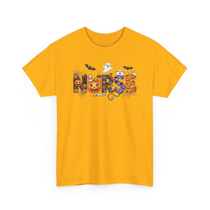 Gold Halloween Nurse Pumpkin t-shirt with Halloween lettering, jack-o'-lantern and bats