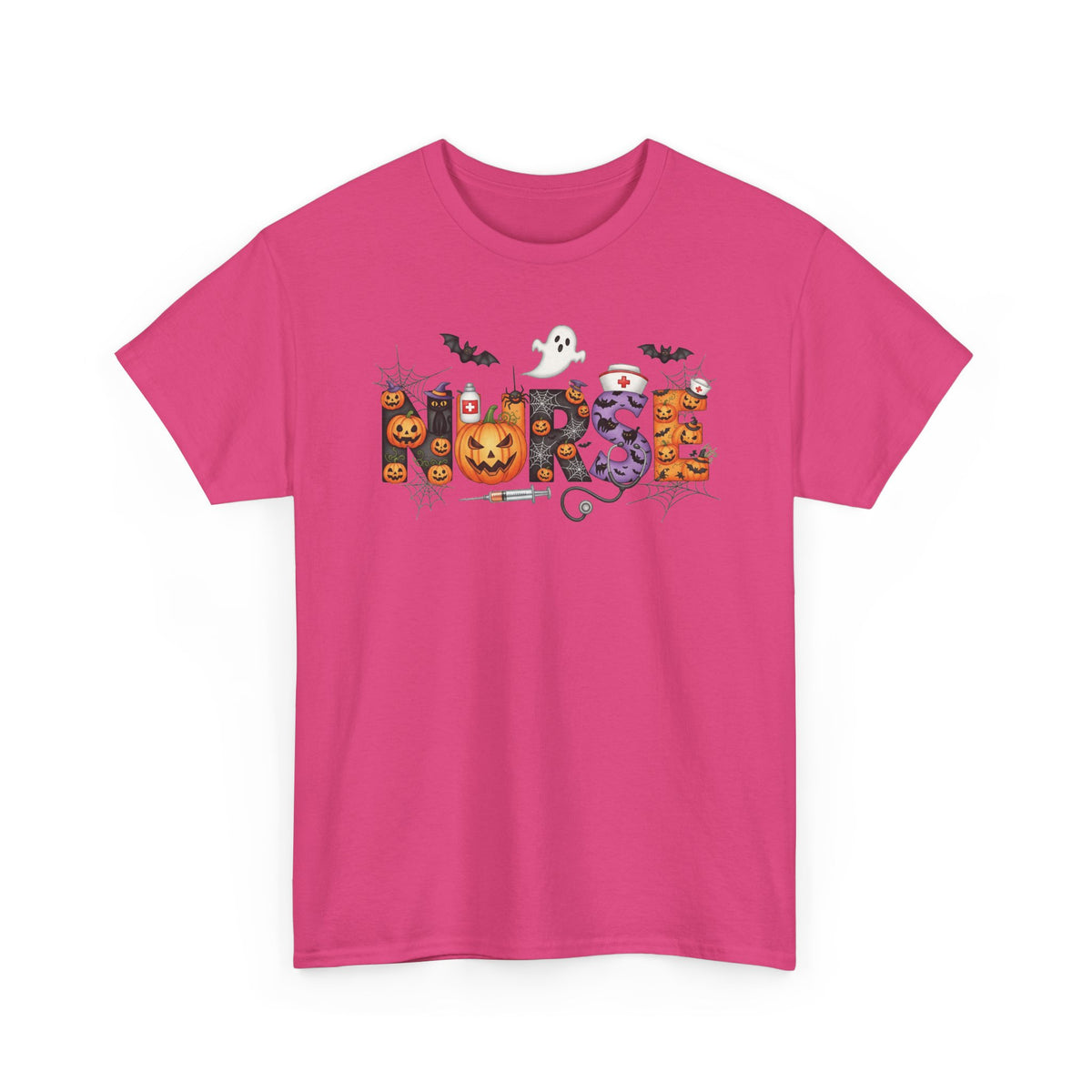 Heliconia Halloween Nurse Pumpkin t-shirt with Halloween lettering, jack-o'-lantern and bats