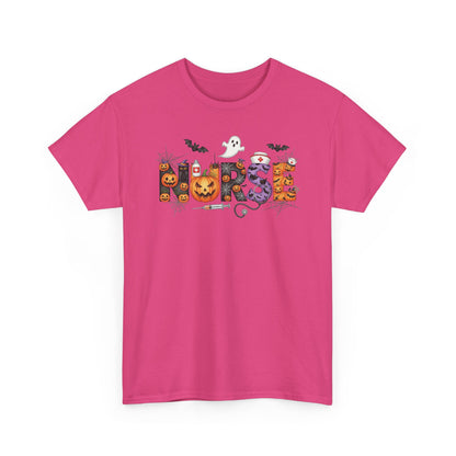 Heliconia Halloween Nurse Pumpkin t-shirt with Halloween lettering, jack-o'-lantern and bats
