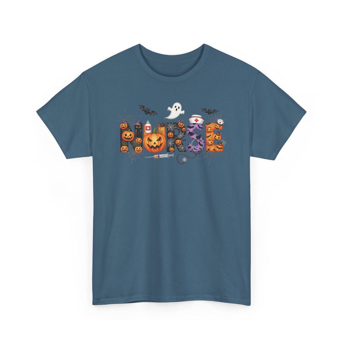 Indigo Blue Halloween Nurse Pumpkin t-shirt with Halloween lettering, jack-o'-lantern and bats
