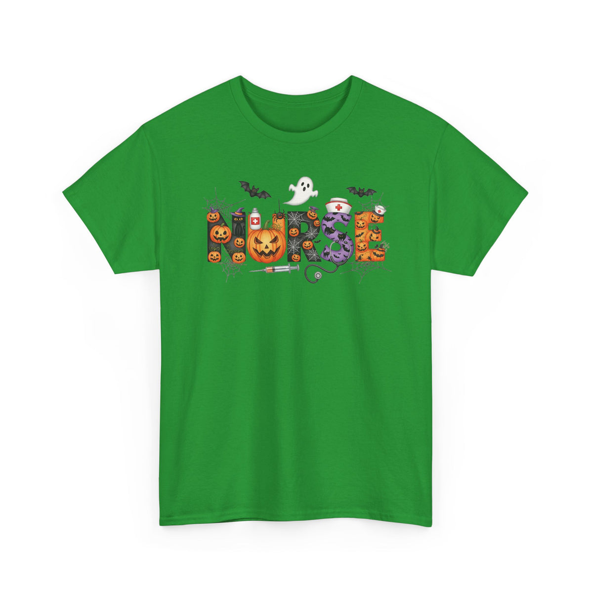 Irish Green Halloween Nurse Pumpkin t-shirt with Halloween lettering, jack-o'-lantern and bats