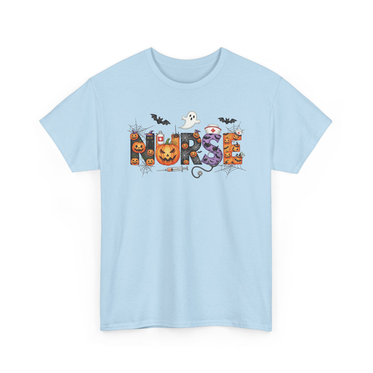 Light Blue Halloween Nurse Pumpkin t-shirt with Halloween lettering, jack-o'-lantern and bats