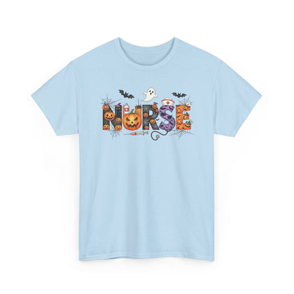 Light Blue Halloween Nurse Pumpkin t-shirt with Halloween lettering, jack-o'-lantern and bats