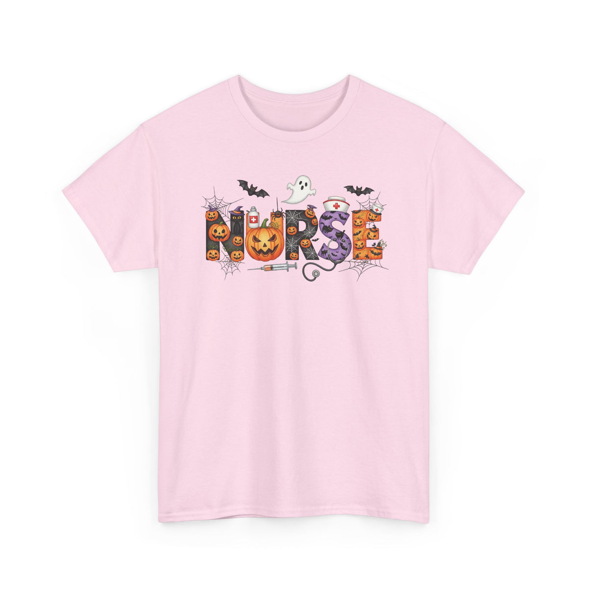 Light Pink Halloween Nurse Pumpkin t-shirt with Halloween lettering, jack-o'-lantern and bats