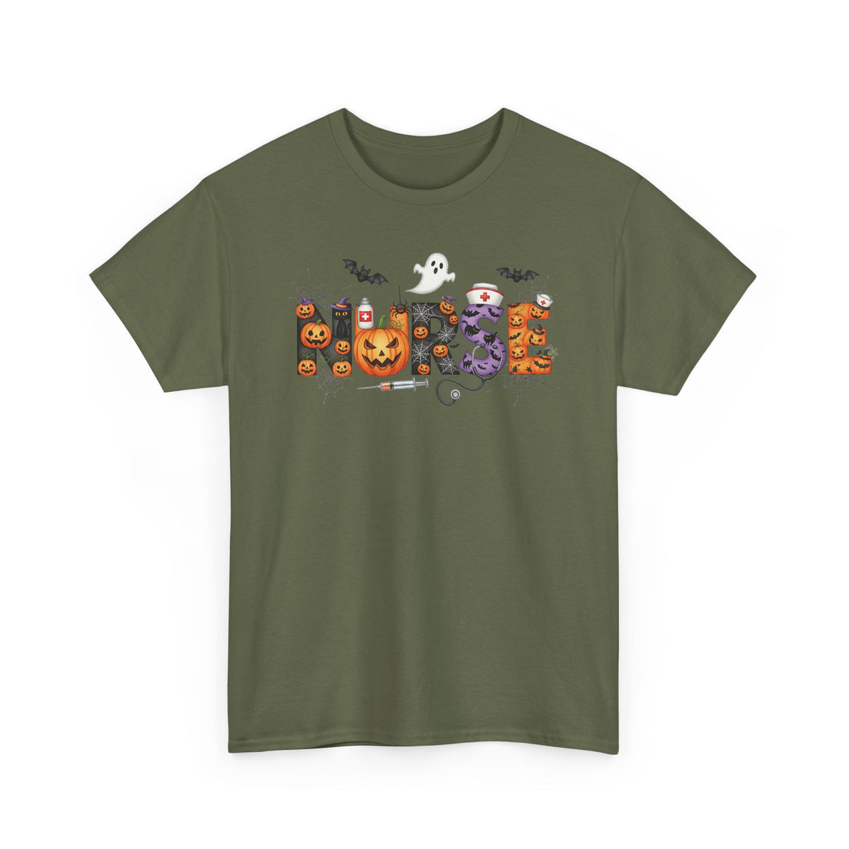 Military Green Halloween Nurse Pumpkin t-shirt with Halloween lettering, jack-o'-lantern and bats
