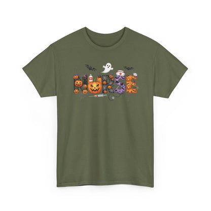 Military Green Halloween Nurse Pumpkin t-shirt with Halloween lettering, jack-o'-lantern and bats