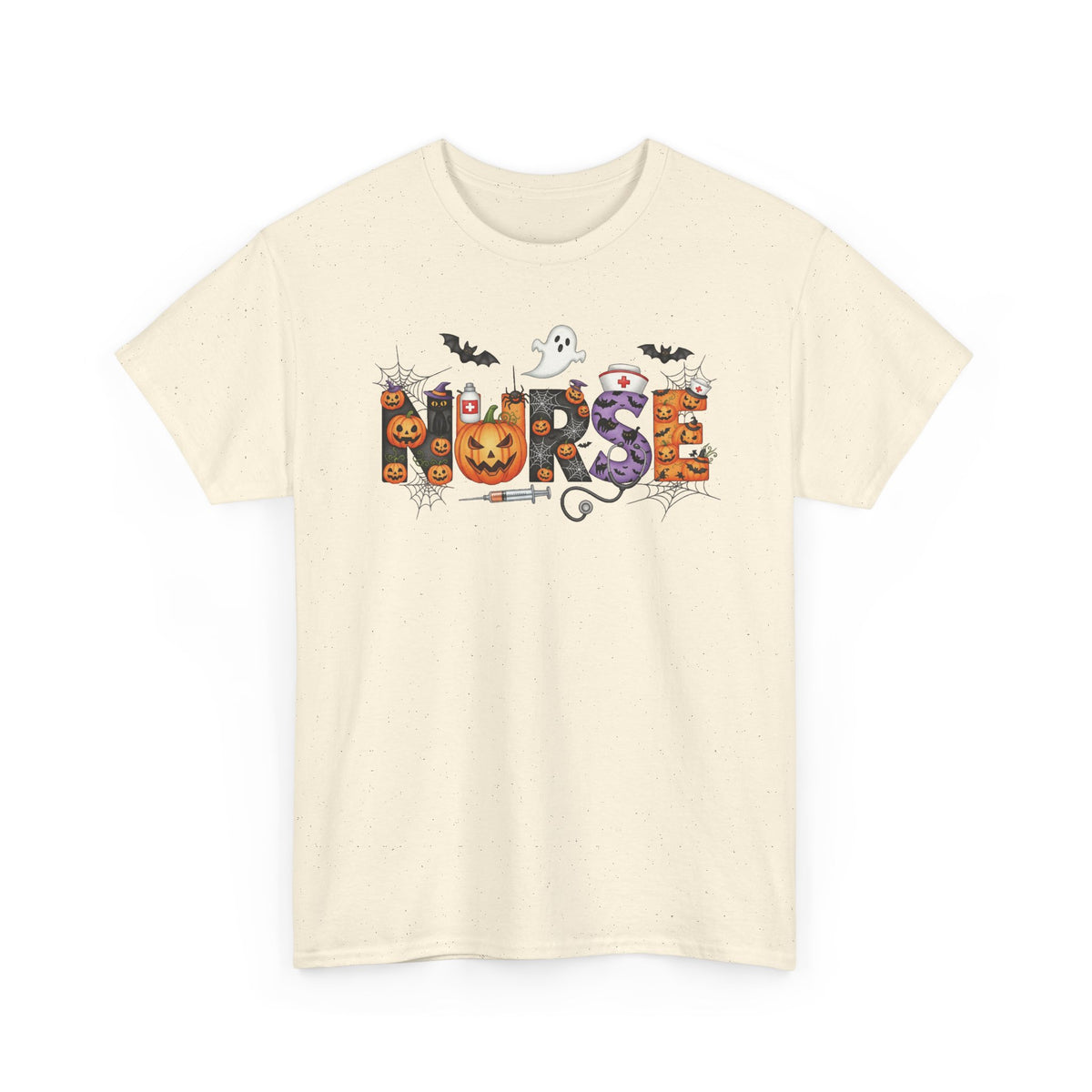 Natural Halloween Nurse Pumpkin t-shirt with Halloween lettering, jack-o'-lantern and bats