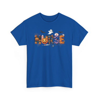 Royal Halloween Nurse Pumpkin t-shirt with Halloween lettering, jack-o'-lantern and bats